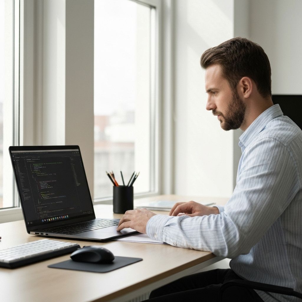 Workspace moderno de desenvolvimento de software com computadores e código