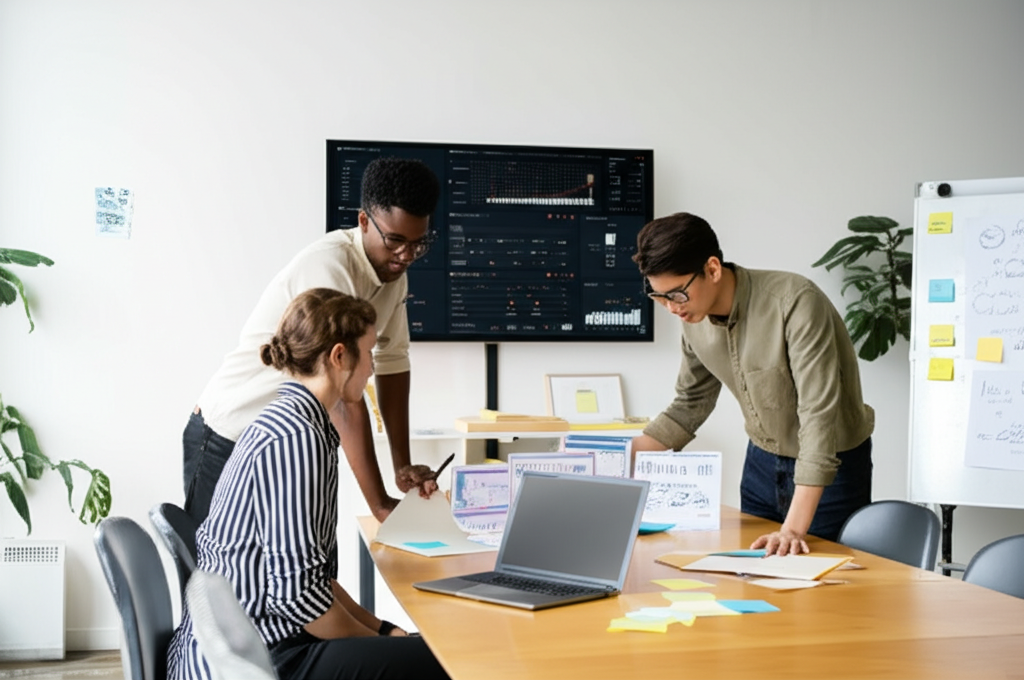 Equipe Codebreakr colaborando em escritório moderno